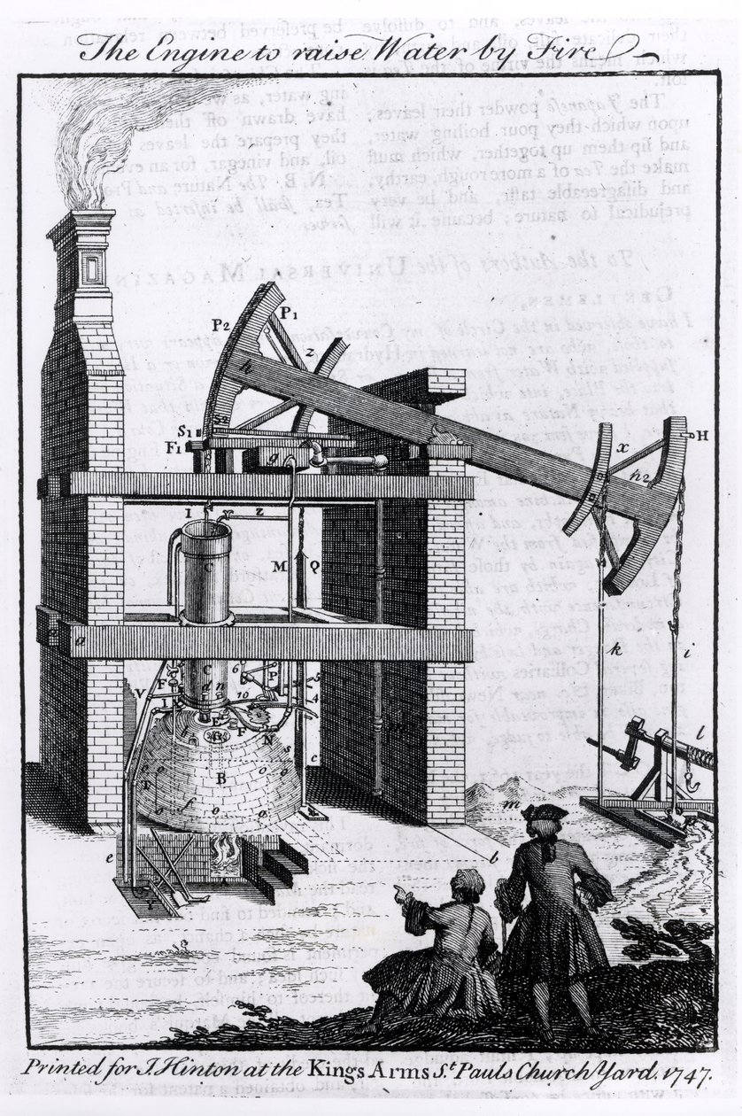 El motor para elevar agua por fuego, un diagrama del motor de vapor de Newcomen para la Universal Magazine, 1747 de English School