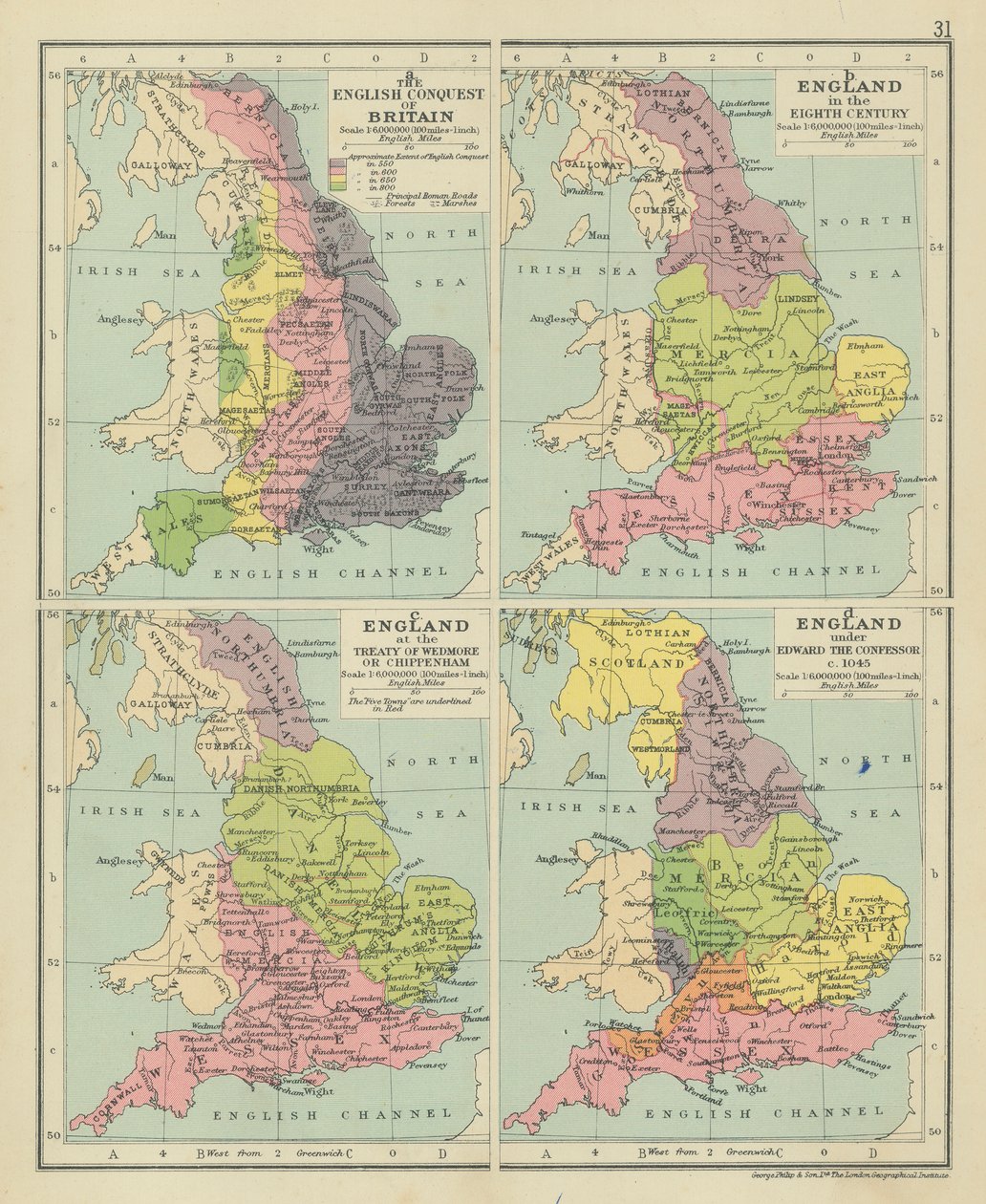 La Conquista Inglesa de Gran Bretaña. Inglaterra en el siglo VIII. Inglaterra en el Tratado de Wedmore o Chippenham (litografía en color). de English School