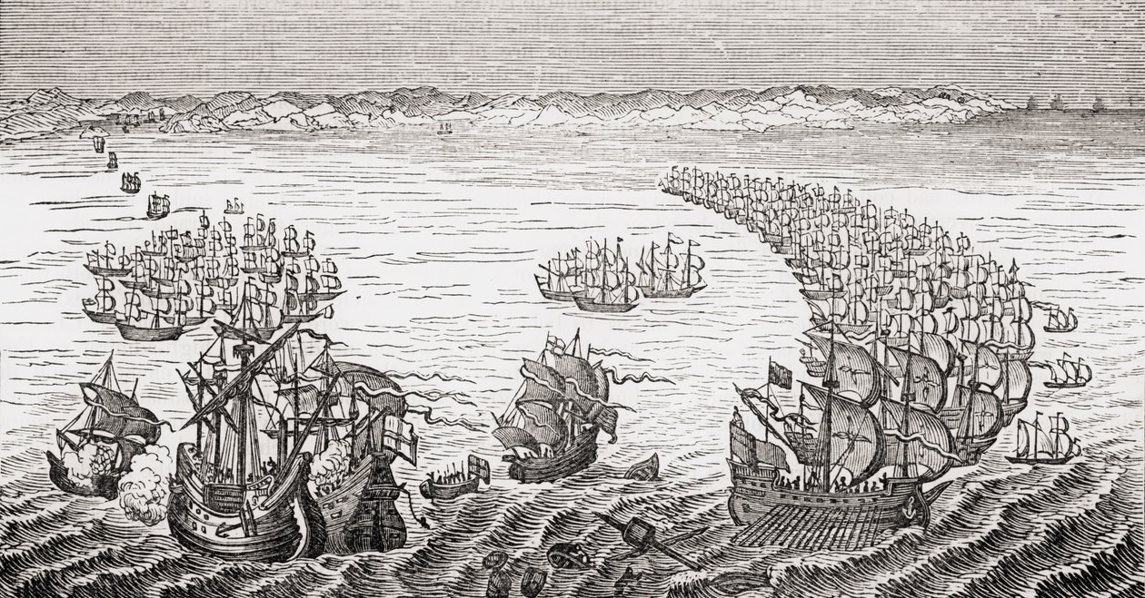 La flota inglesa, comandada por Sir Francis Drake, atacando la Armada Española en 1588, de 