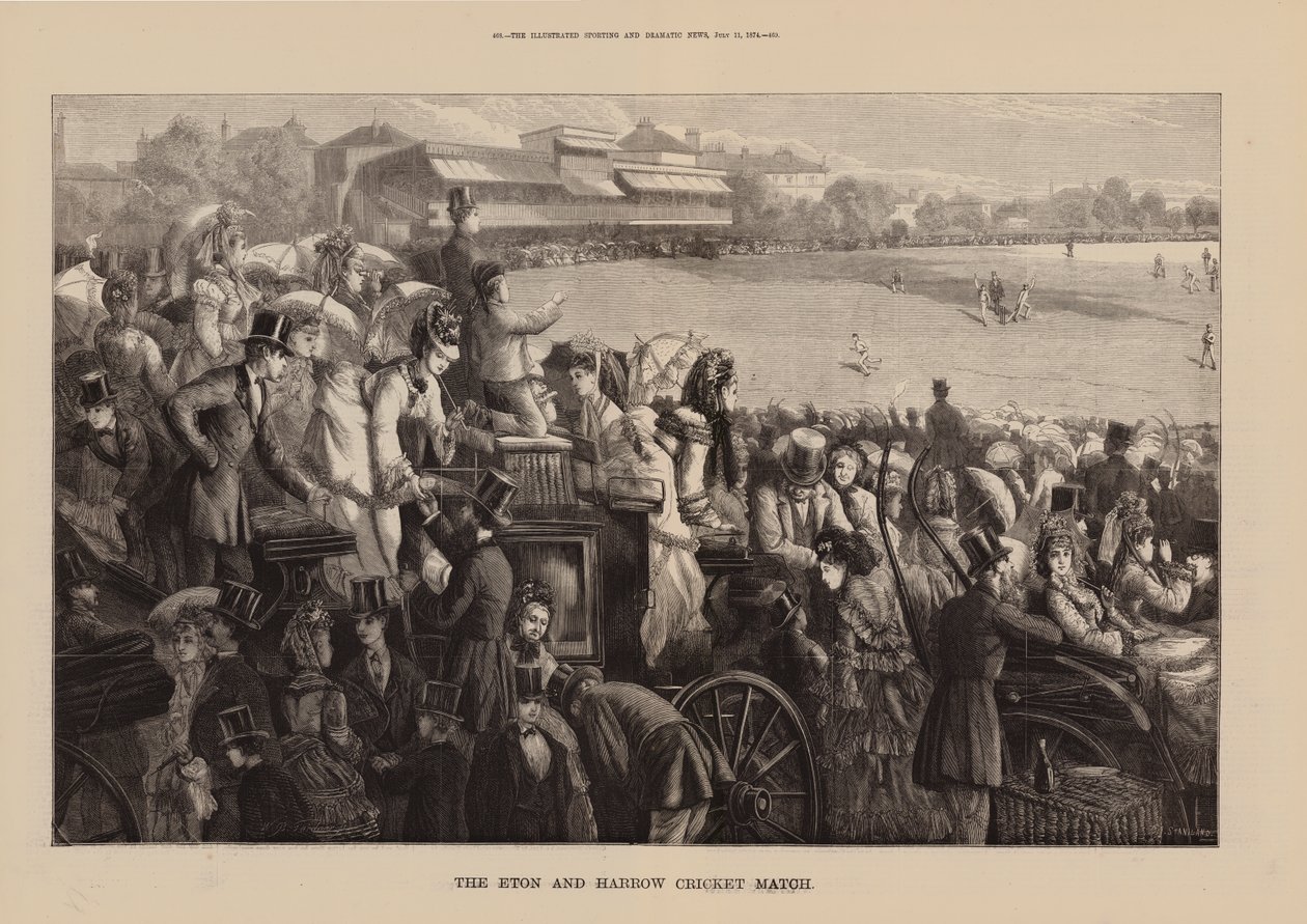 El partido de críquet de Eton y Harrow (grabado) de English School