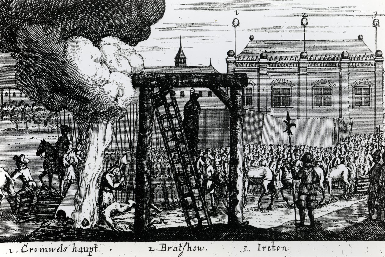 La ejecución de Oliver Cromwell, John Bradshaw y Henry Ireton, c.1661 de English School