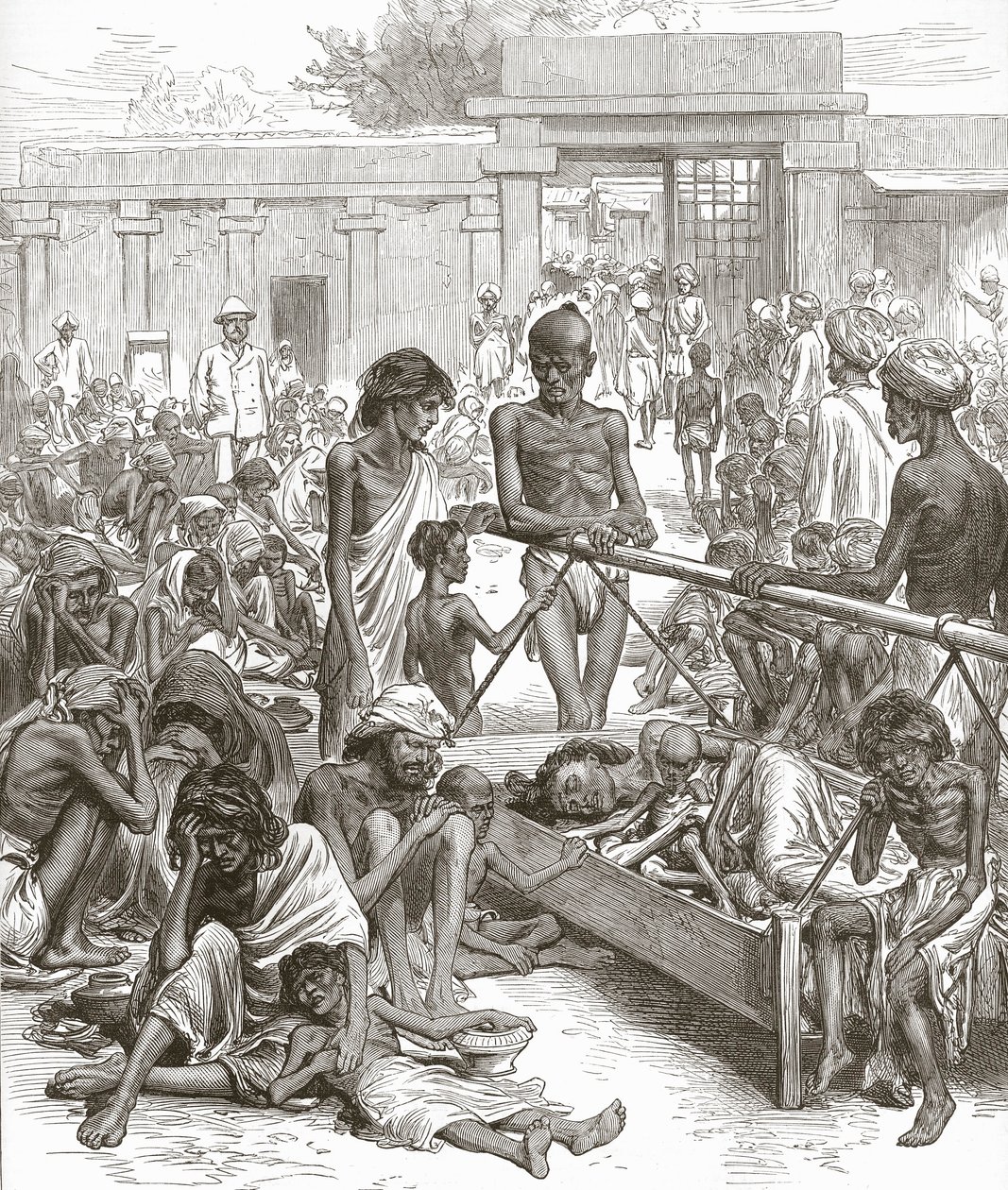 La hambruna en India: Nativos esperando ayuda en Bangalore, octubre 1877 de English School