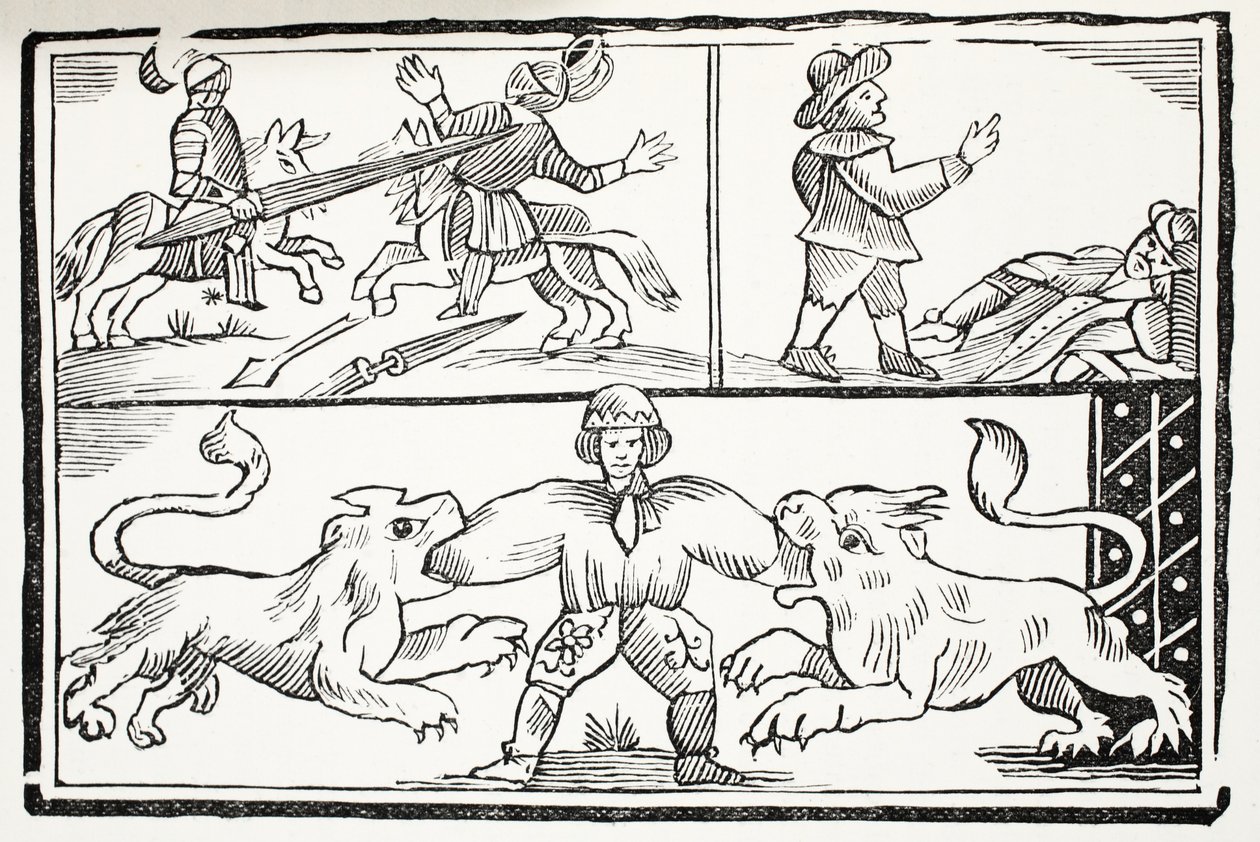 La famosa historia del valiente aprendiz de Londres, ilustración de Chap-books del Siglo XVIII de John Ashton, pub. 1882 de English School