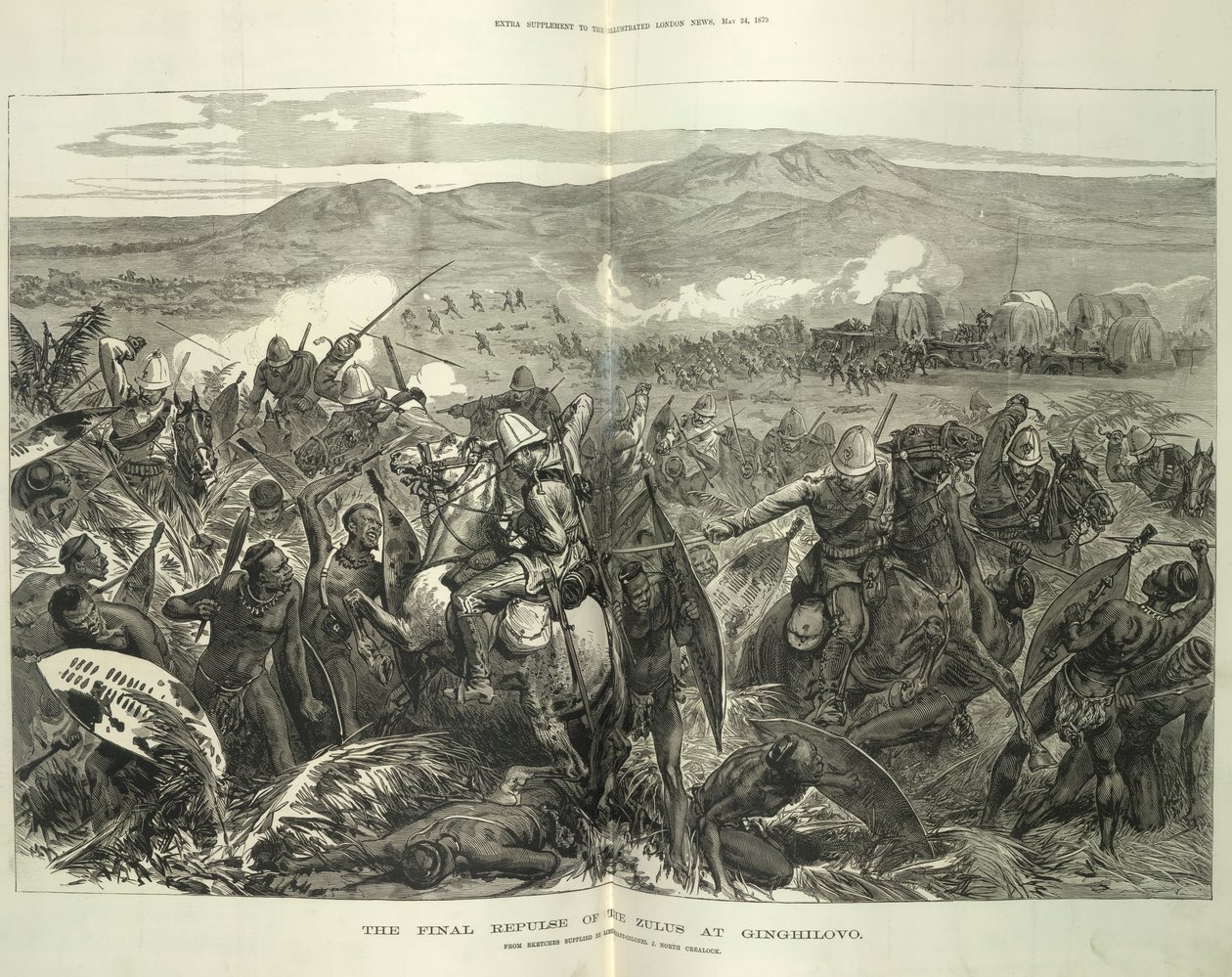 El rechazo final de los zulúes en Ginghilovo, a partir de bocetos proporcionados por el teniente coronel J. North Crealock. Ilustración de 