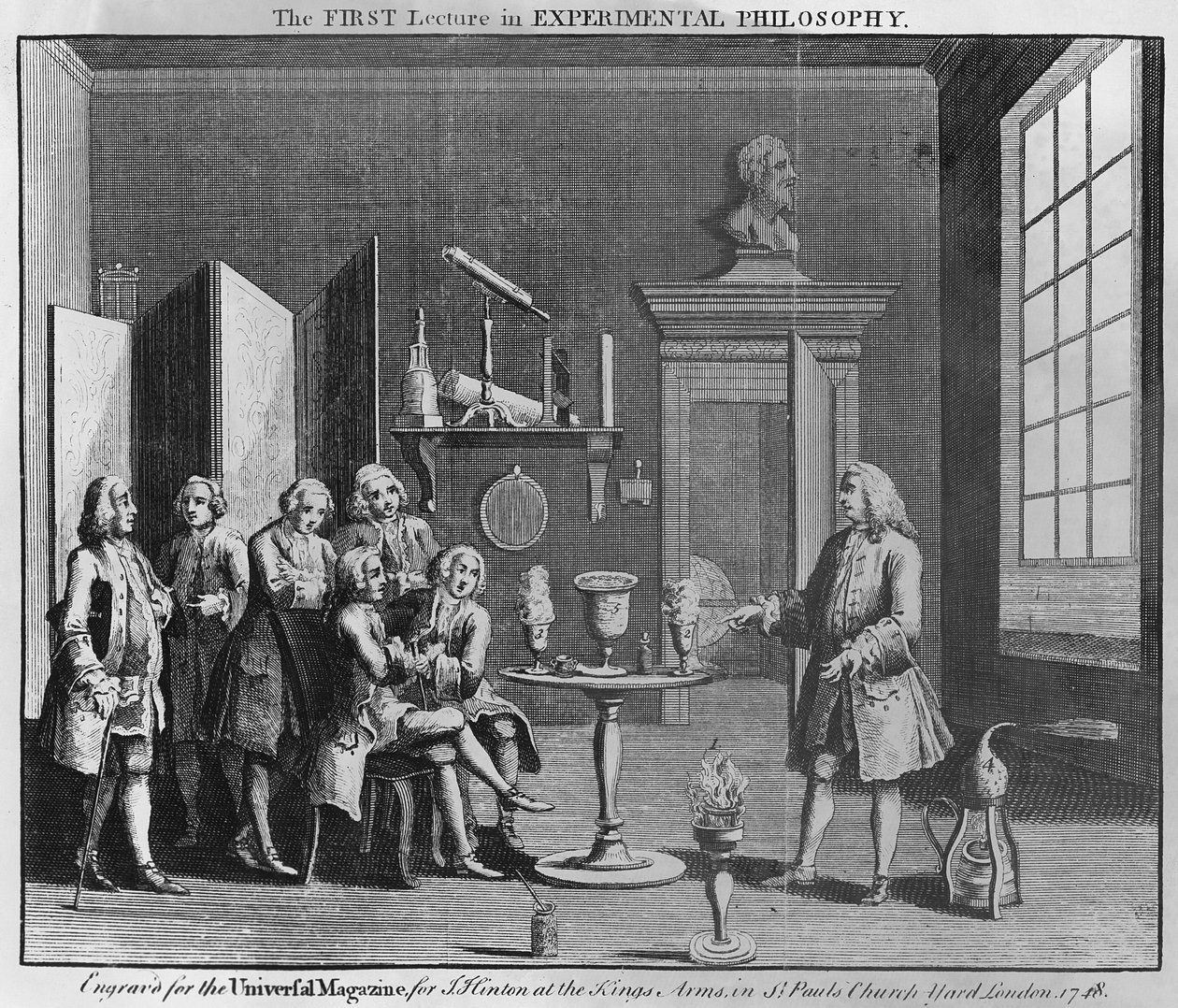 La primera conferencia en Filosofía Experimental, grabado para la Universal Magazine, 1748 de English School