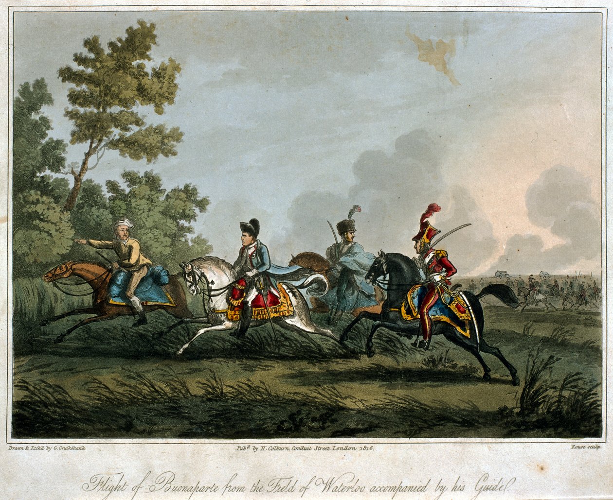 La huida de Bonaparte (1769-1821) del campo de Waterloo en 1815, 1817 de English School