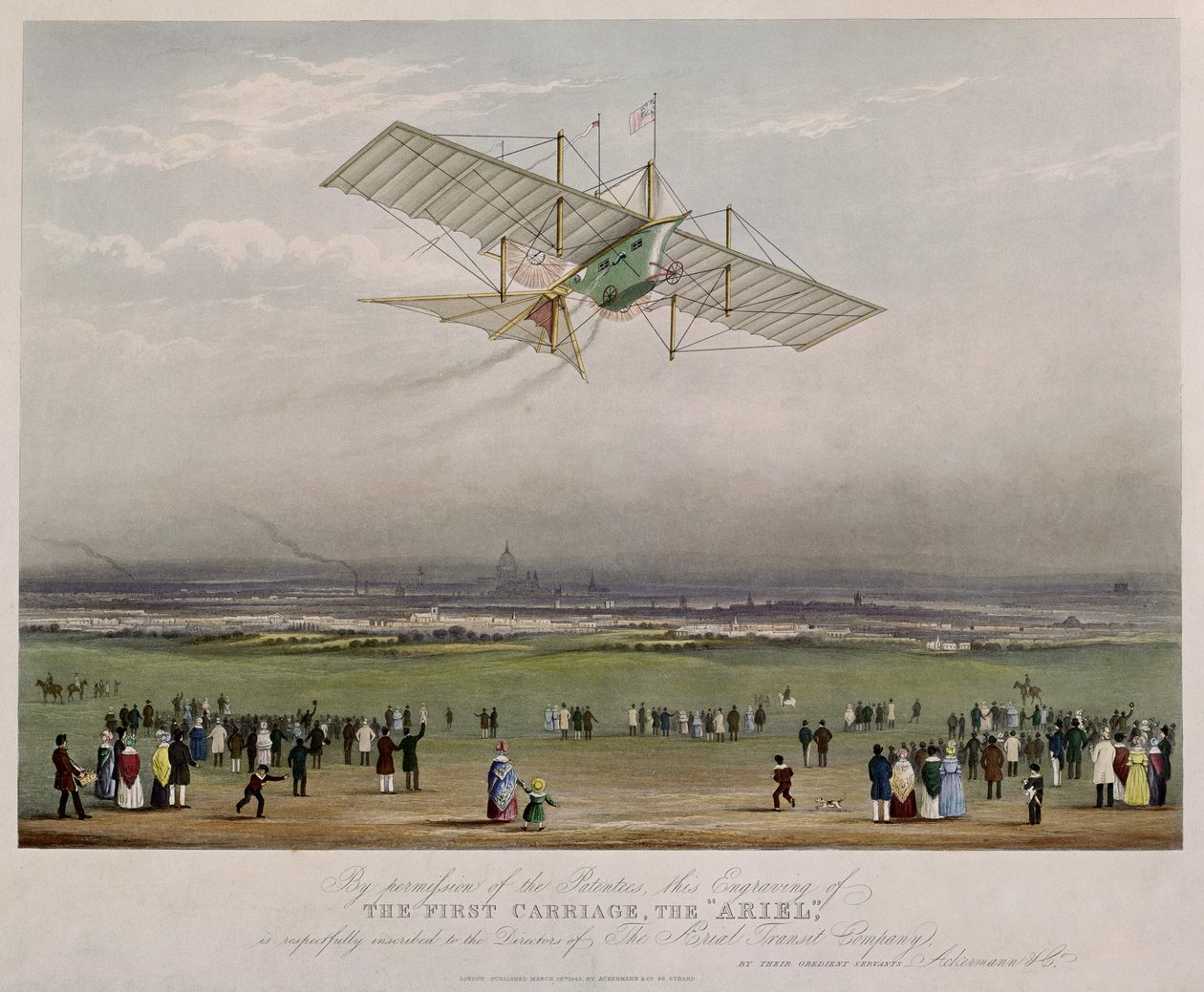 La Máquina Voladora, el Ariel, de diseños preparados por W.S. Henson en 1842, publicado por Ackermann & Co., 1843 de English School
