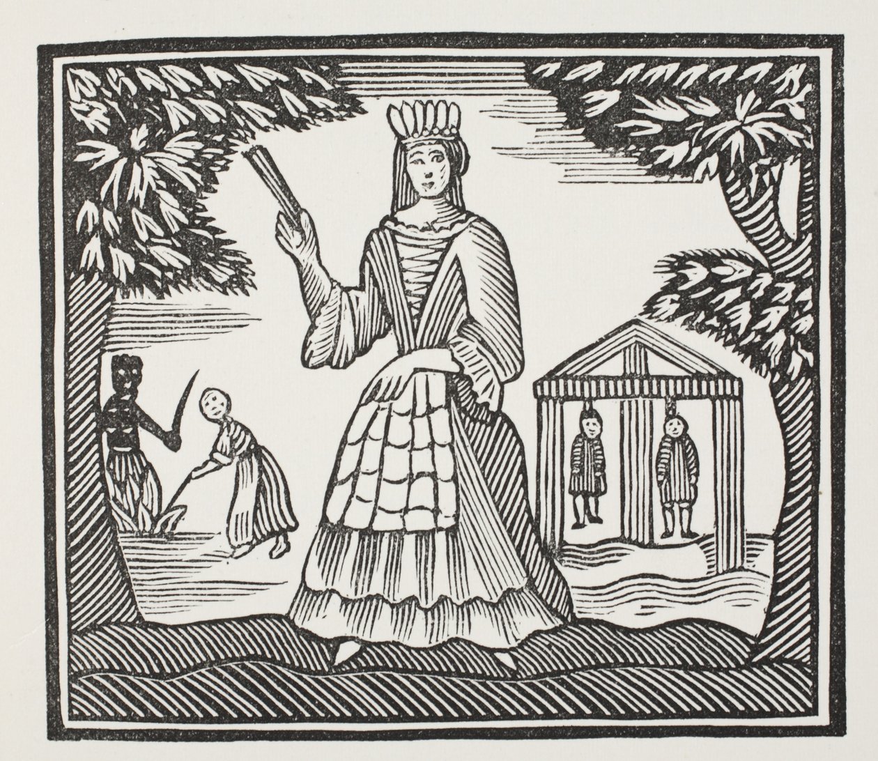 Las fortunas y desgracias de Moll Flanders, nacida en Newgate, ilustración de Chap-books del siglo XVIII de John Ashton, pub. 1882 de English School