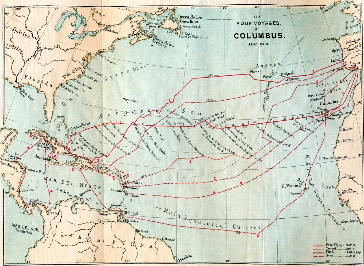 Los cuatro viajes de Cristóbal Colón, de la "Vida de Cristóbal Colón" de Clements R. Markham, publicada en 1892 (litografía en color). de English School