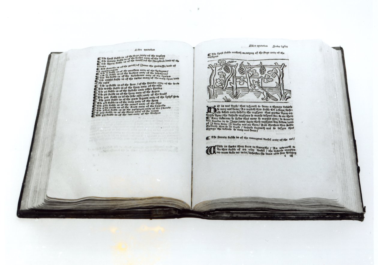 El zorro y las uvas, de una traducción ilustrada de las Fábulas de Esopo por William Caxton (c.1422-91) 1434 de English School