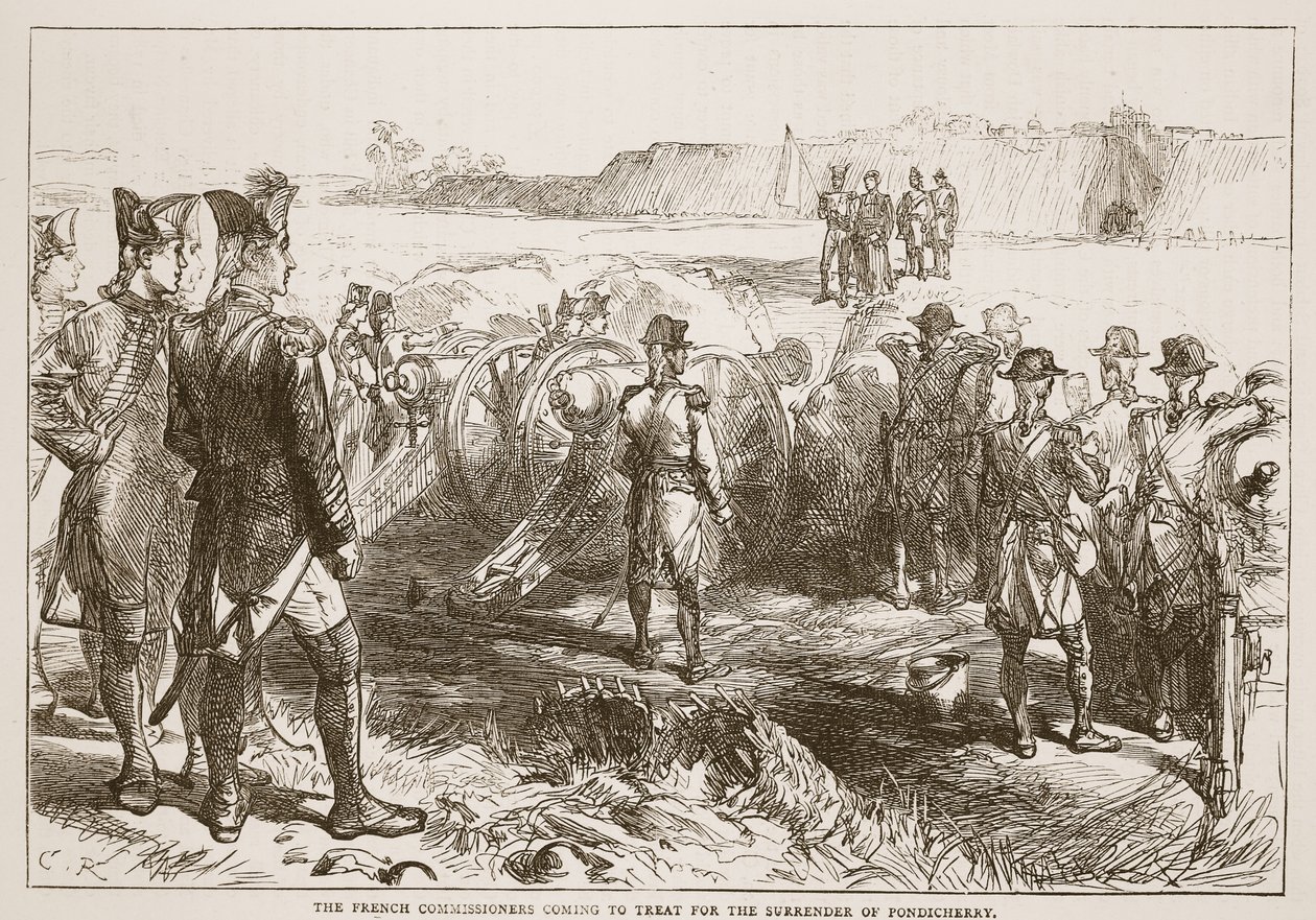 Los Comisionados Franceses viniendo a negociar la rendición de Pondicherry, ilustración de Cassells Illustrated History of India de James Grant, pub. 1879 de English School