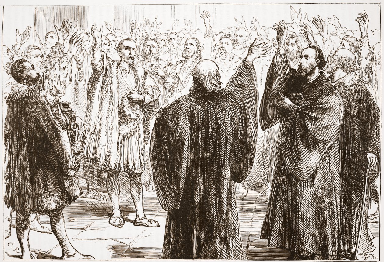 Los ginebrinos jurando su renuncia al romanismo, ilustración de La Historia del Protestantismo de James Aitken Wylie, pub. 1878 de English School