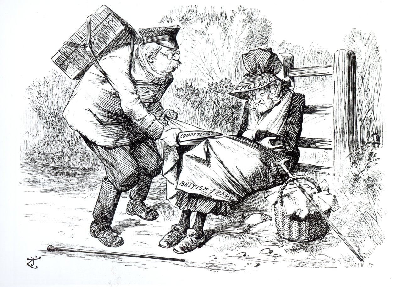 El Viajante Comercial Alemán robando cuotas de mercado del comercio británico, caricatura de Punch, The London Charivari, 5 de septiembre de 1896 de English School
