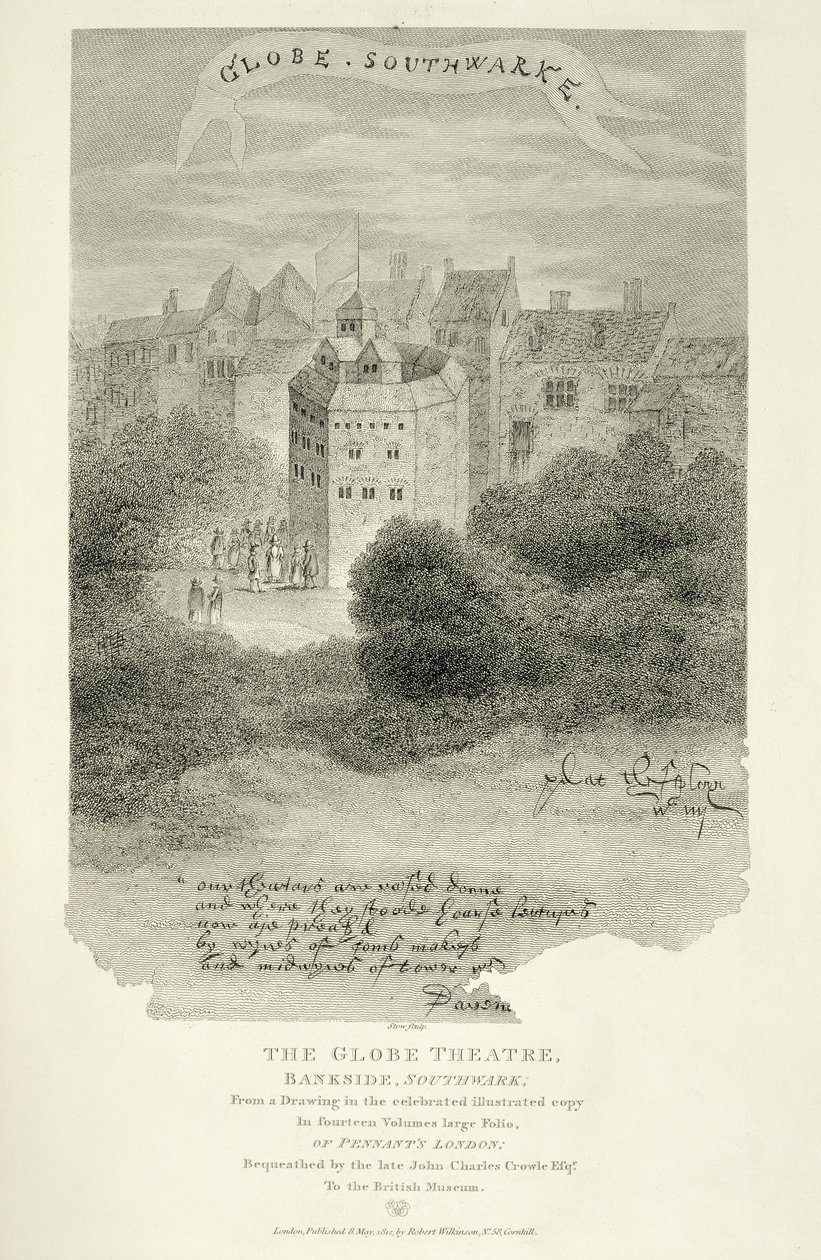 El Teatro Globe, Bankside, Southwark, después de un dibujo de Pennant