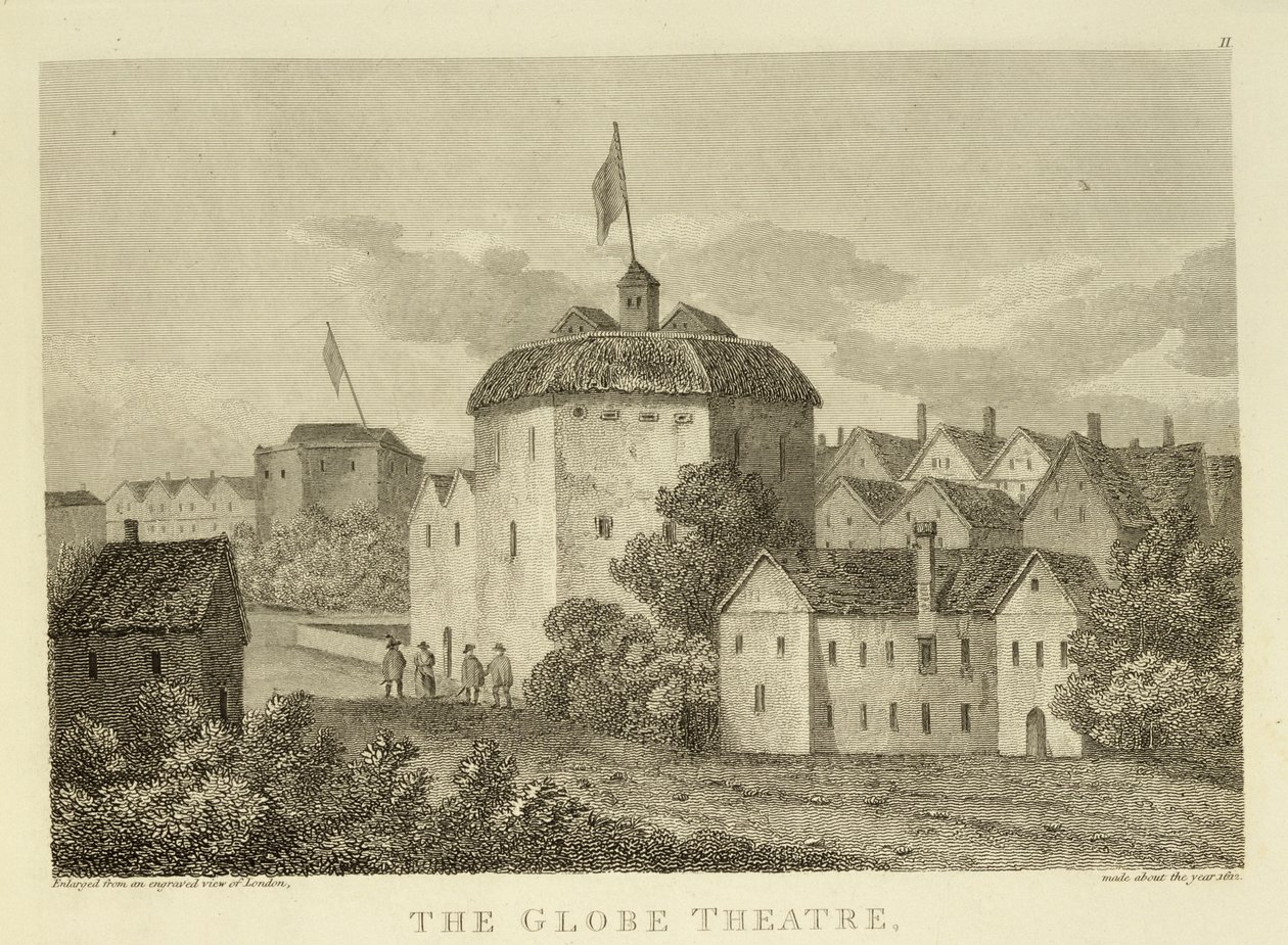 El Teatro Globe en Bankside como apareció en el reinado de Jacobo I (1566-1625), después de un grabado c.1612, publicado en 1810 de English School