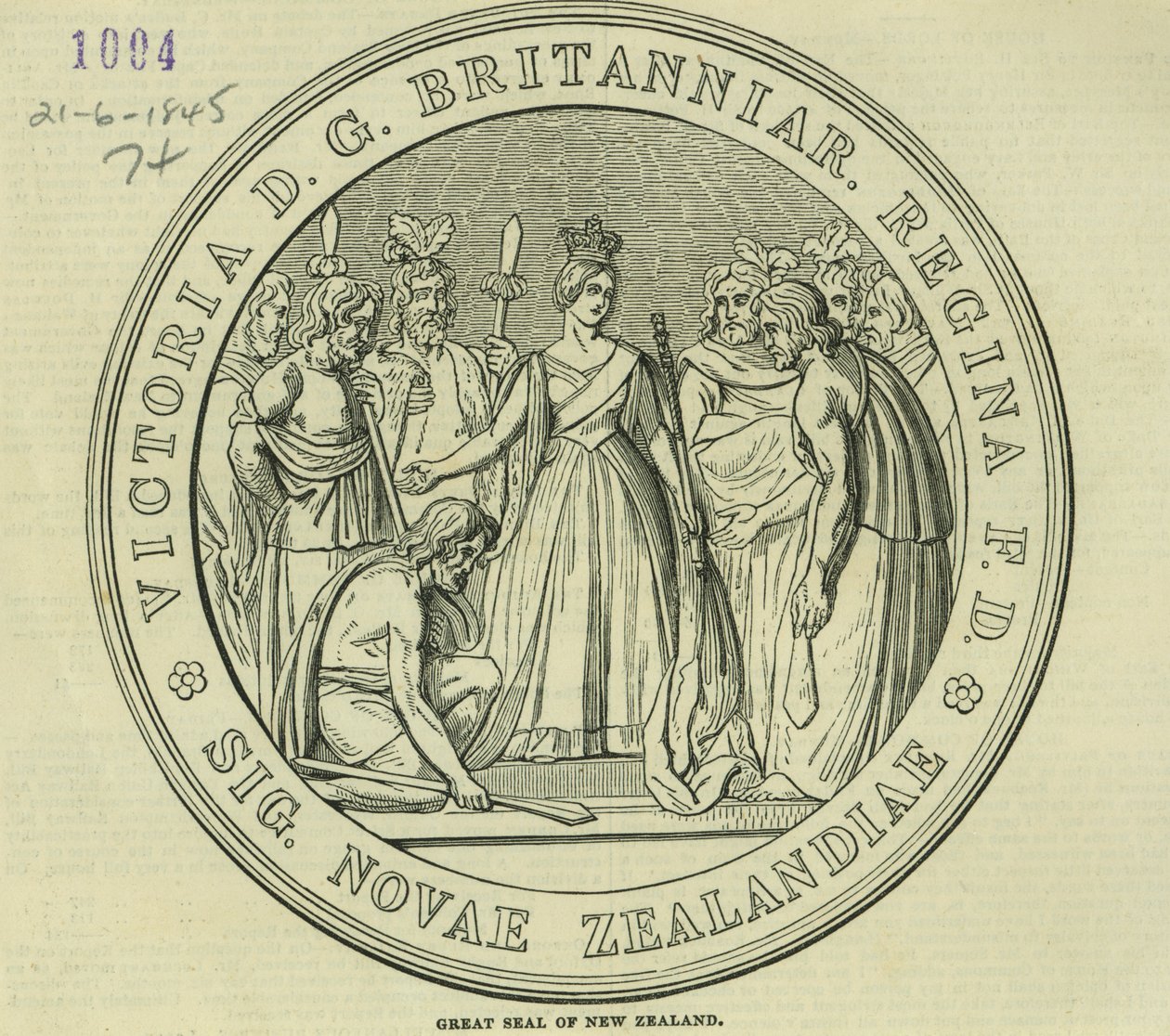 El Gran Sello de Nueva Zelanda, de The Illustrated London News, 21 de junio de 1845 de English School