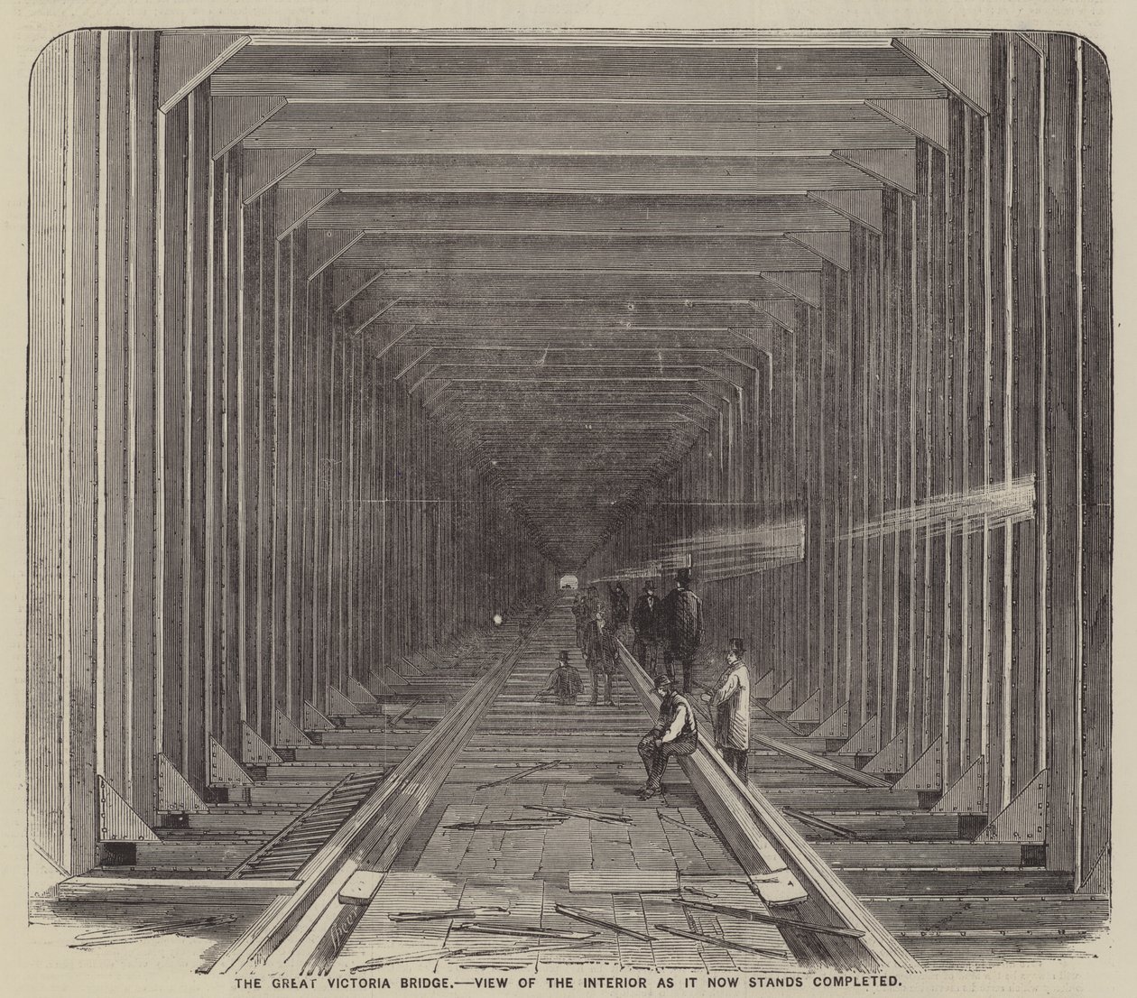 The Great Victoria Bridge, View of the Interior as it Now Stands Completed (grabado) de English School