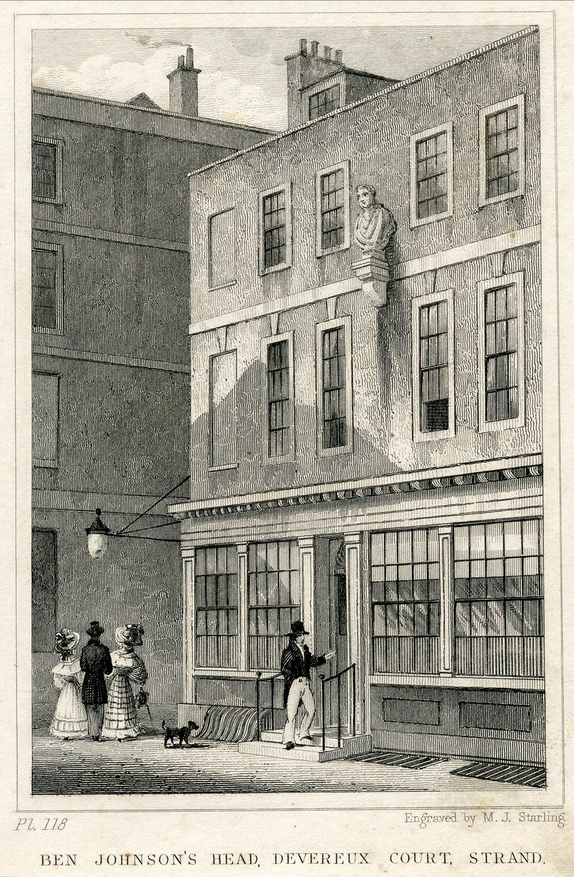 The Grecian Coffee House, Devereux Court, Strand, con un busto de Ben Johnson (grabado) de English School