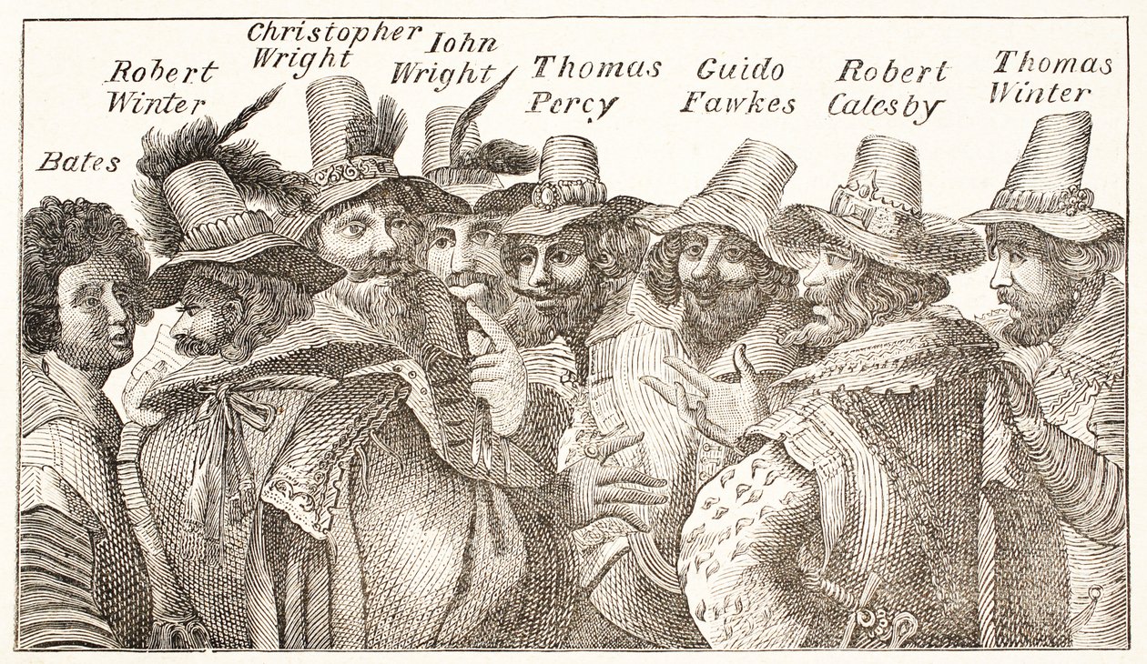 Los conspiradores de la pólvora, según un grabado de 1606 de English School