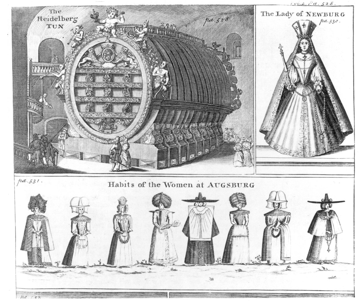 El Tonel de Heidelberg, La Dama de Newburg y Hábitos de las Mujeres de Augsburgo, de Missons Nouveau voyage d