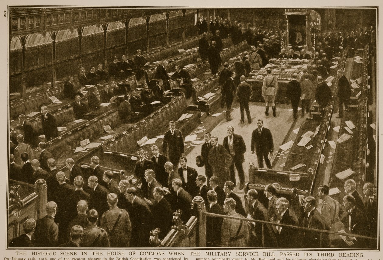 La escena histórica en la Cámara de los Comunes cuando el Proyecto de Ley de Servicio Militar pasó su tercera lectura, 1914-19 de English School