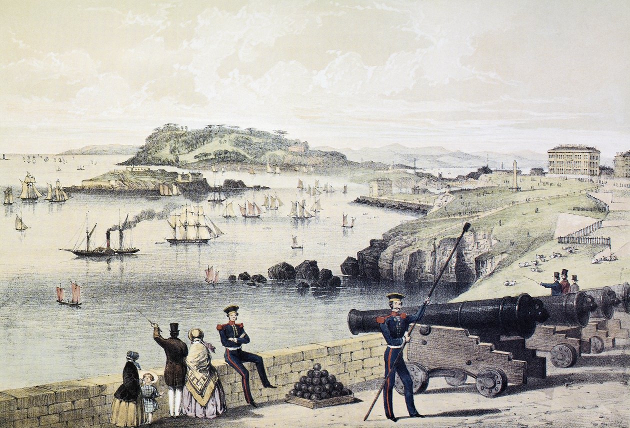 El Hoe, Isla de Drakes y Mt Edgecumbe desde la Ciudadela, publicado por Newman und Co de English School