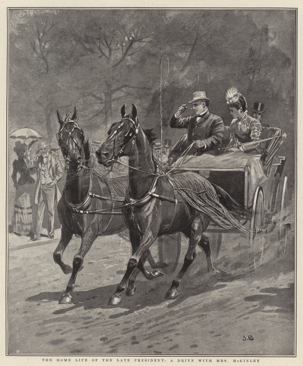 The Home Life of the Late President, a drive with Mrs McKinley (litografía) de English School