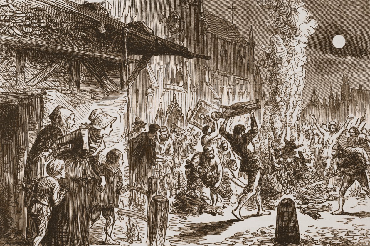 Los iconoclastas en Basilea quemando imágenes e ídolos, ilustración de La Historia del Protestantismo de James Aitken Wylie, pub. 1878 de English School