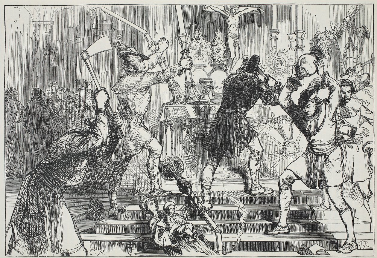 Los iconoclastas destruyendo las imágenes y decoraciones del altar de una iglesia católica romana, ilustración de La Historia del Protestantismo de James Aitken Wylie (1808-1890), pub. 1878 de English School