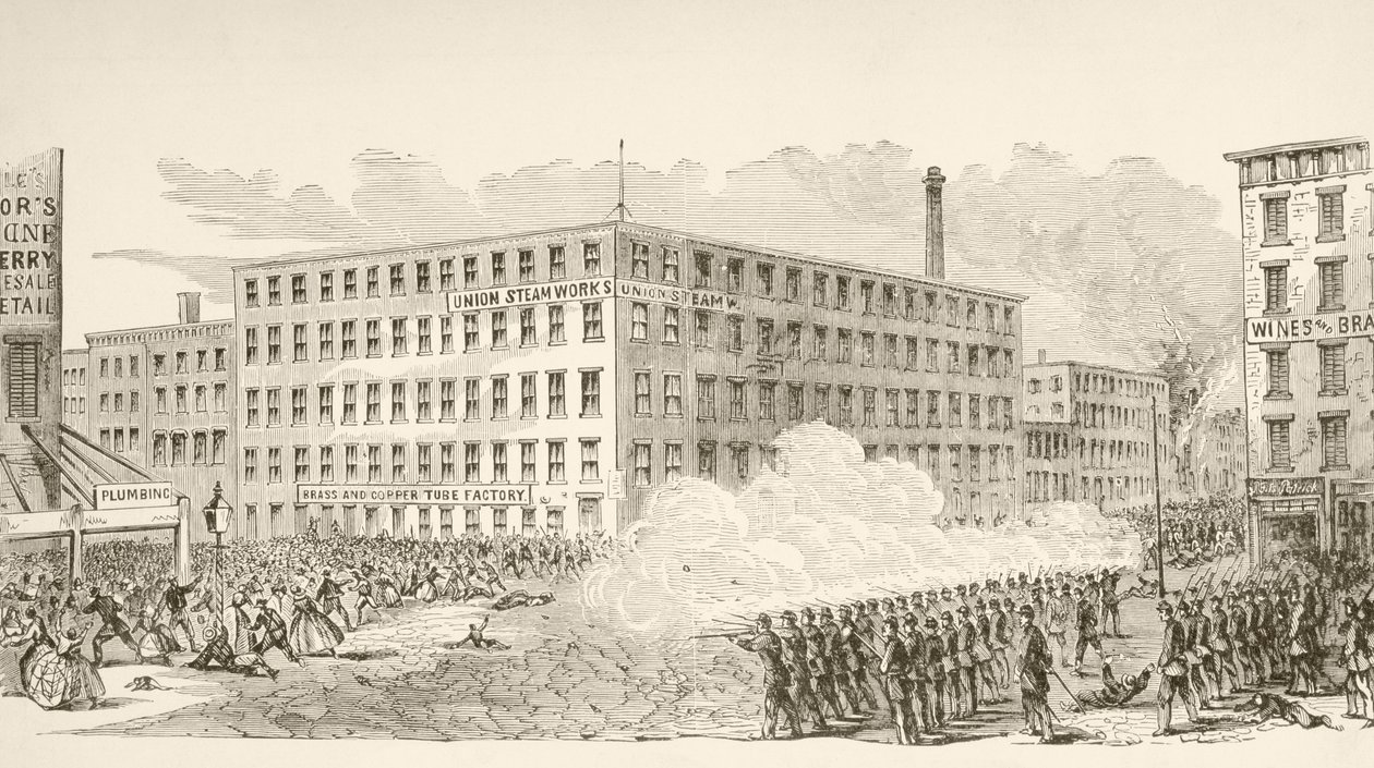 Incidente en la Segunda Avenida durante los disturbios en Nueva York en julio de 1863 (litografía) de English School