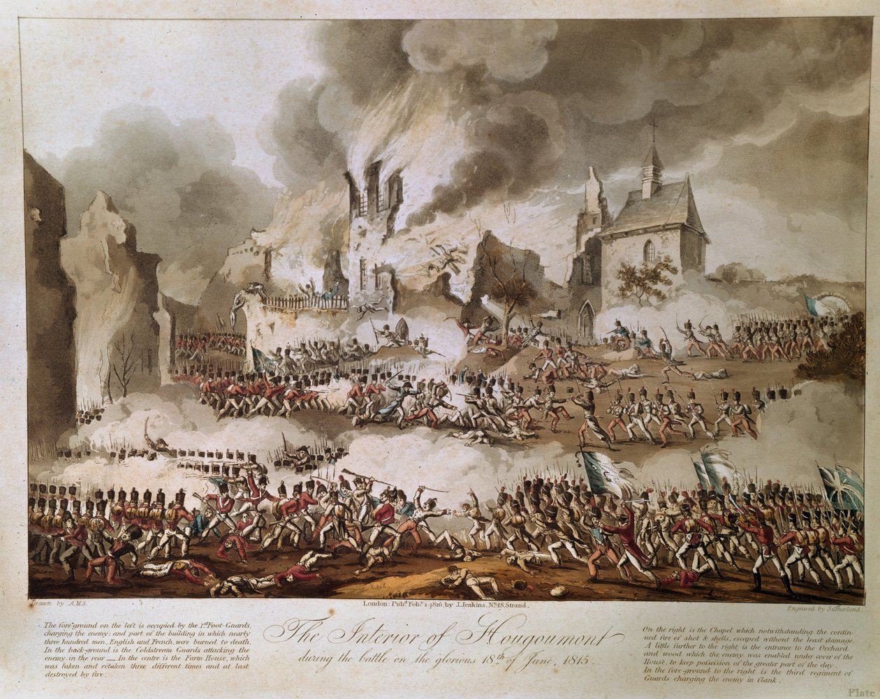 El interior de Hougoumont durante la batalla del glorioso 18 de junio de 1815, grabado por T. Sutherland, publicado en 1816 (aguafuerte) de English School