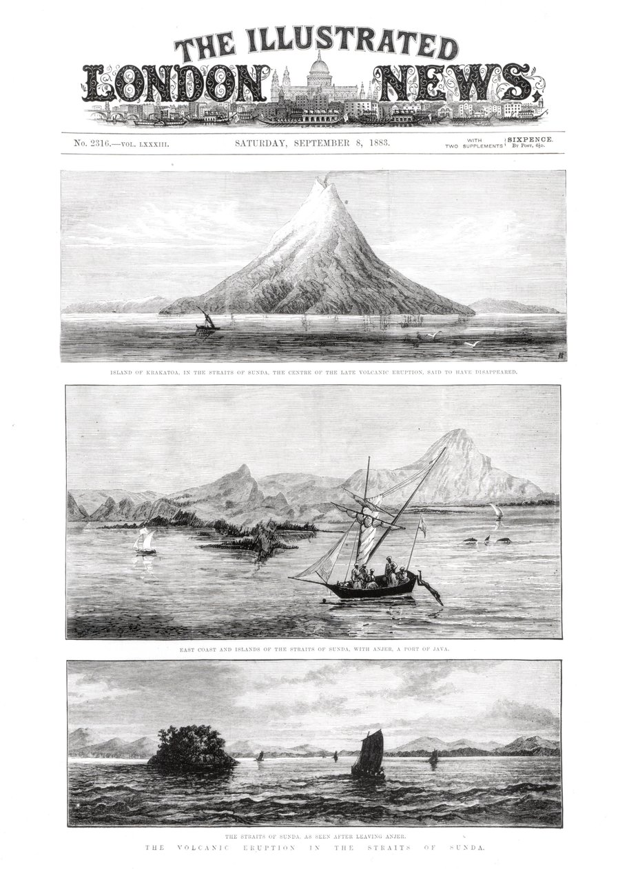 La isla de Krakatoa, portada de The Illustrated London News, 8 de septiembre de 1883 de English School