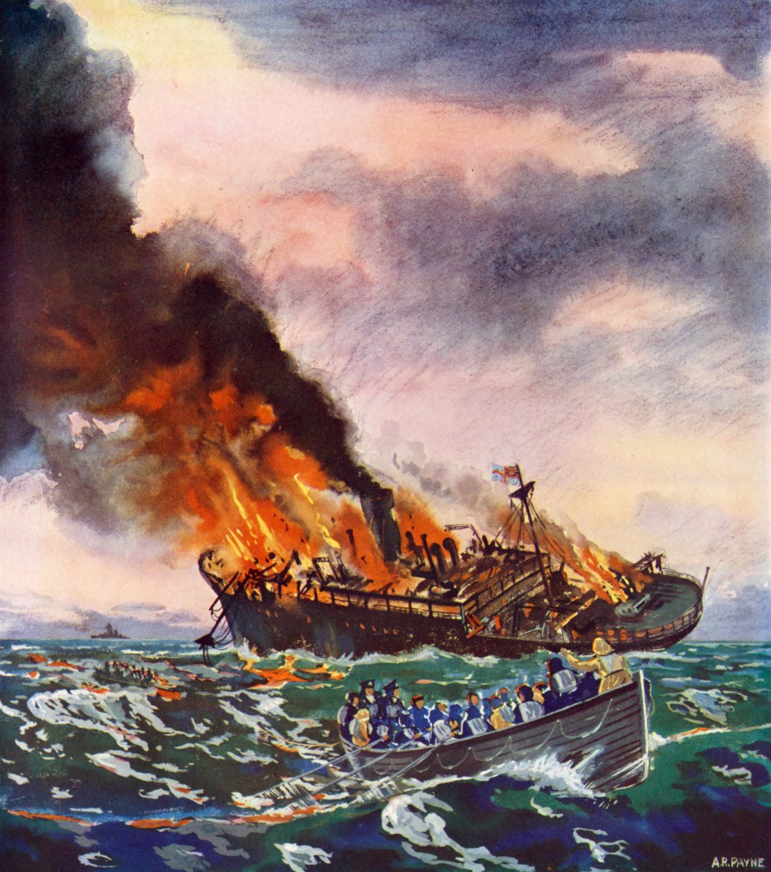El Jervis Bay, hundido el 5 de noviembre de 1940 (litografía en color) de English School