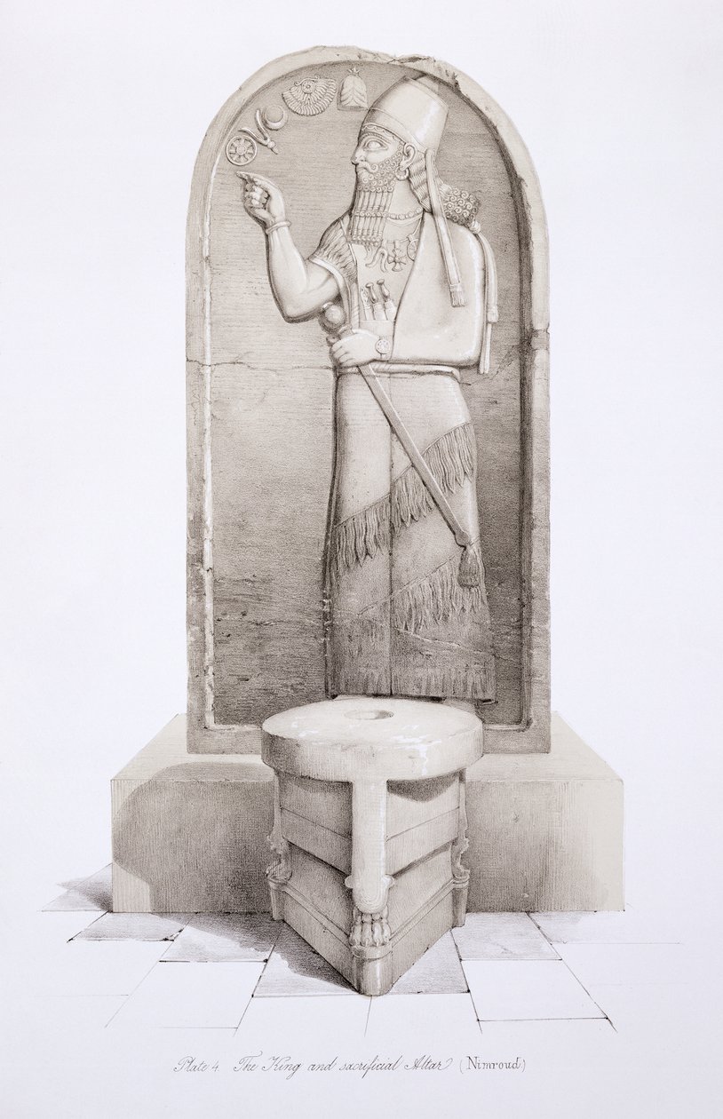 El rey y el altar sacrificial, Nimrud, lámina 4 de Nínive y sus Restos de Austen Henry Layard, publicado en 1849 de English School