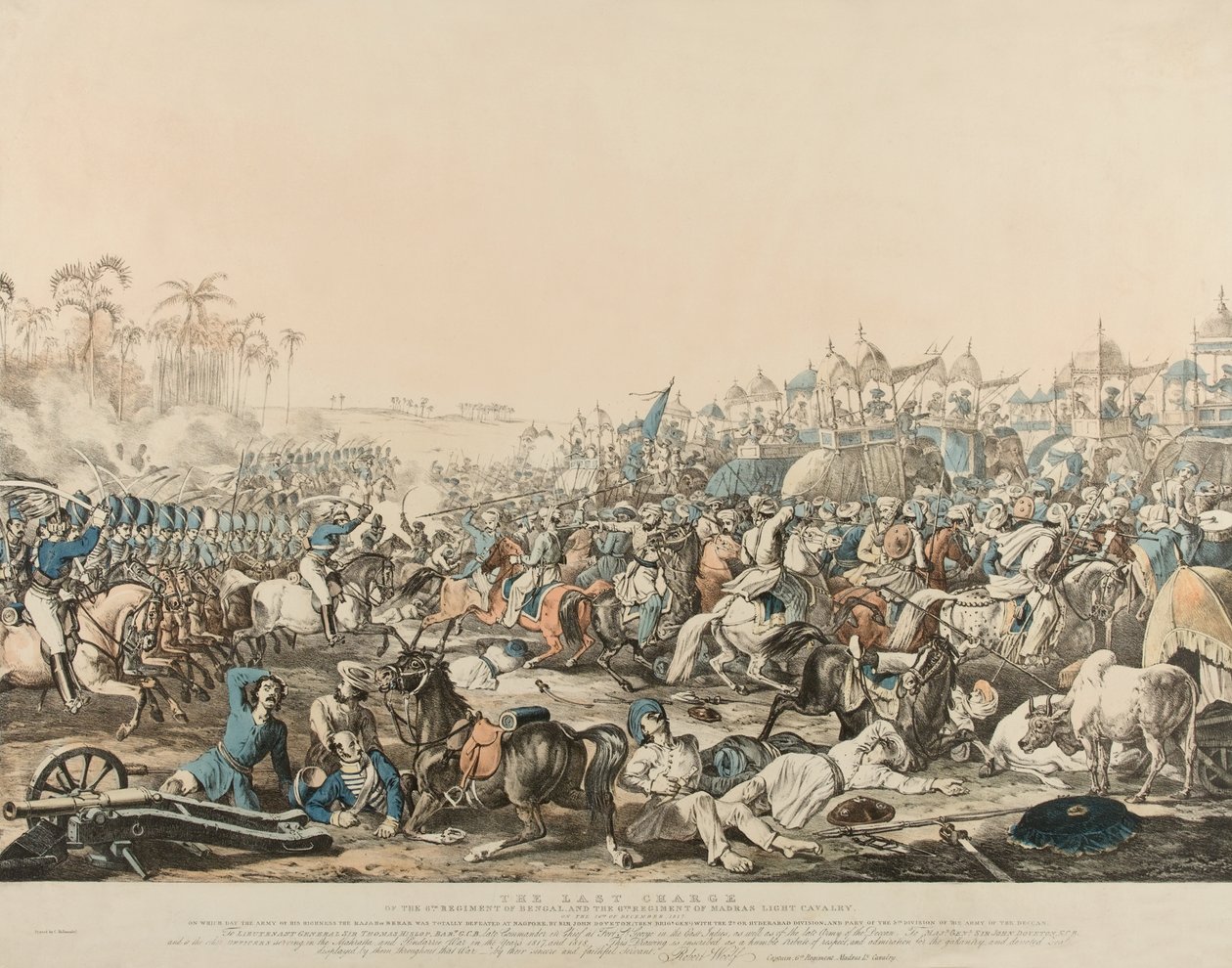 La última carga del 6º Regimiento de Bengala y el 6º Regimiento de Caballería Ligera de Madrás el 16 de diciembre de 1817 (litografía en color) de English School
