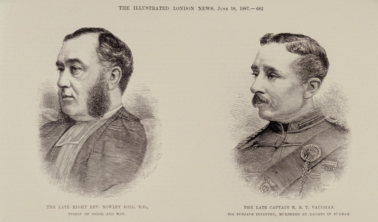 El difunto reverendo Rowley Hill, obispo de Sodor y Man y el difunto capitán E. B. T. Vaughan, 6ª Infantería de Punjaub, asesinados por dacoits en Birmania, de The Illustrated London News, 18 de junio de 1887 de English School