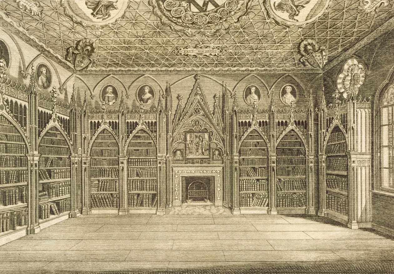 La biblioteca, grabado por Godfrey, de la Descripción de Strawberry Hill por Horace Walpole, 1784 de English School