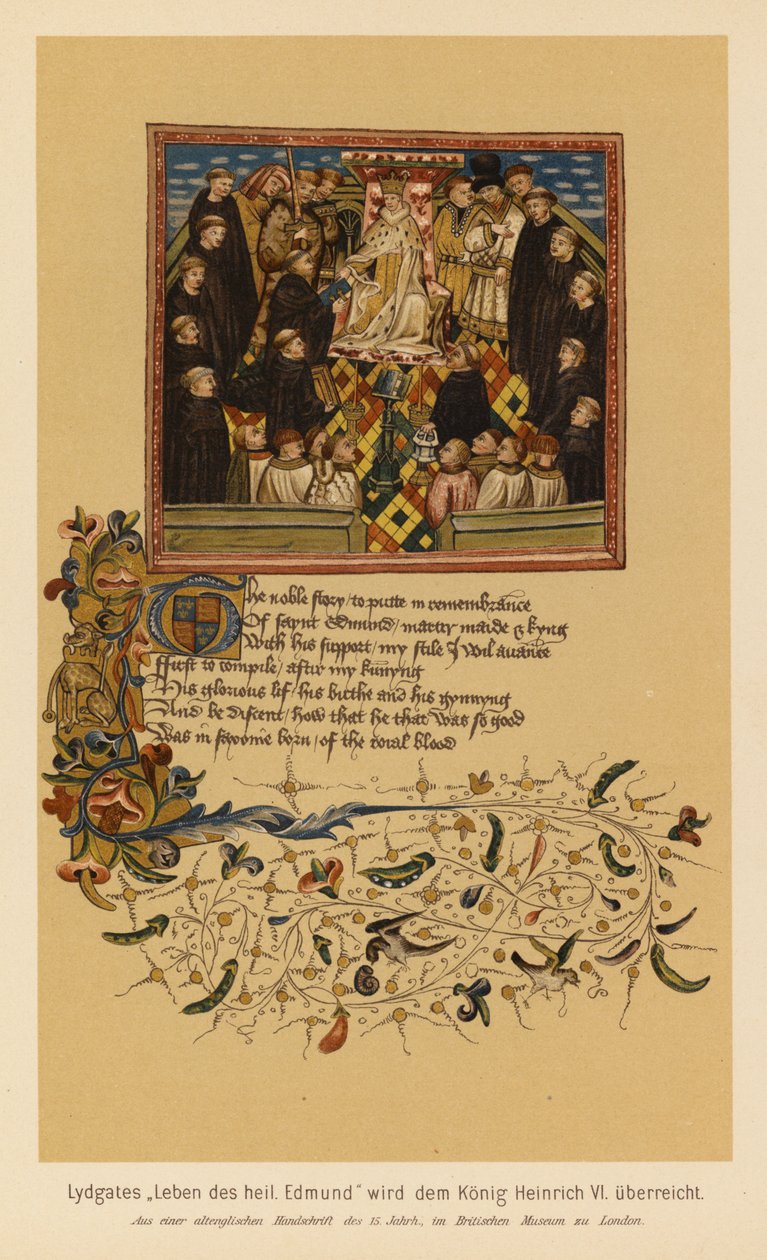 Vida de San Edmundo, rey y mártir, de John Lydgate, presentada a Enrique VI (litografía en color) de English School