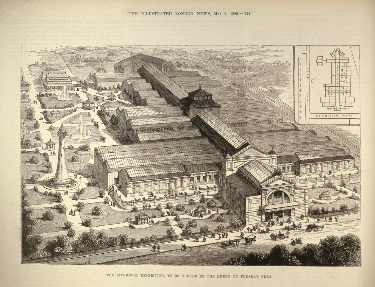 La Exposición de Liverpool, a ser inaugurada por la Reina, de The Illustrated London News, 5 de agosto de 1886 de English School