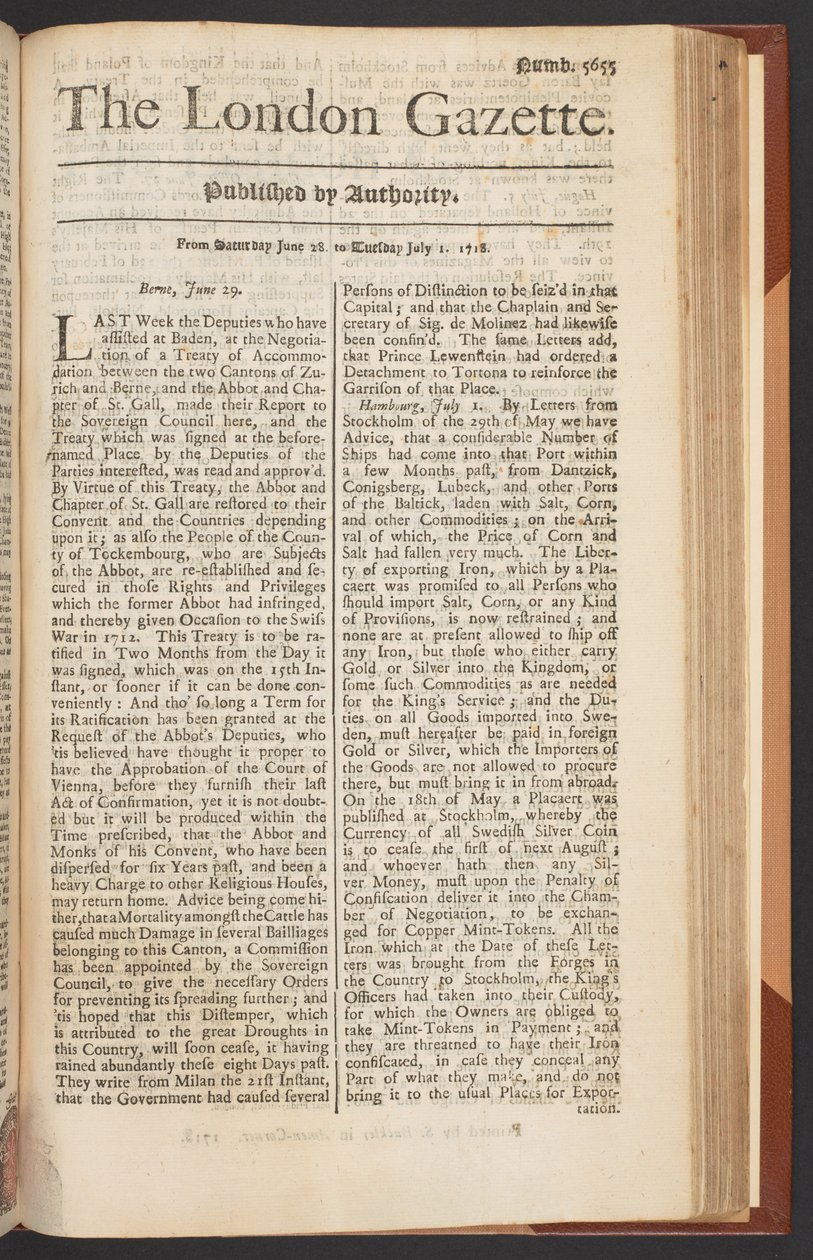 La Gaceta de Londres, número 5655, página 1, 28 de junio de 1718 de English School