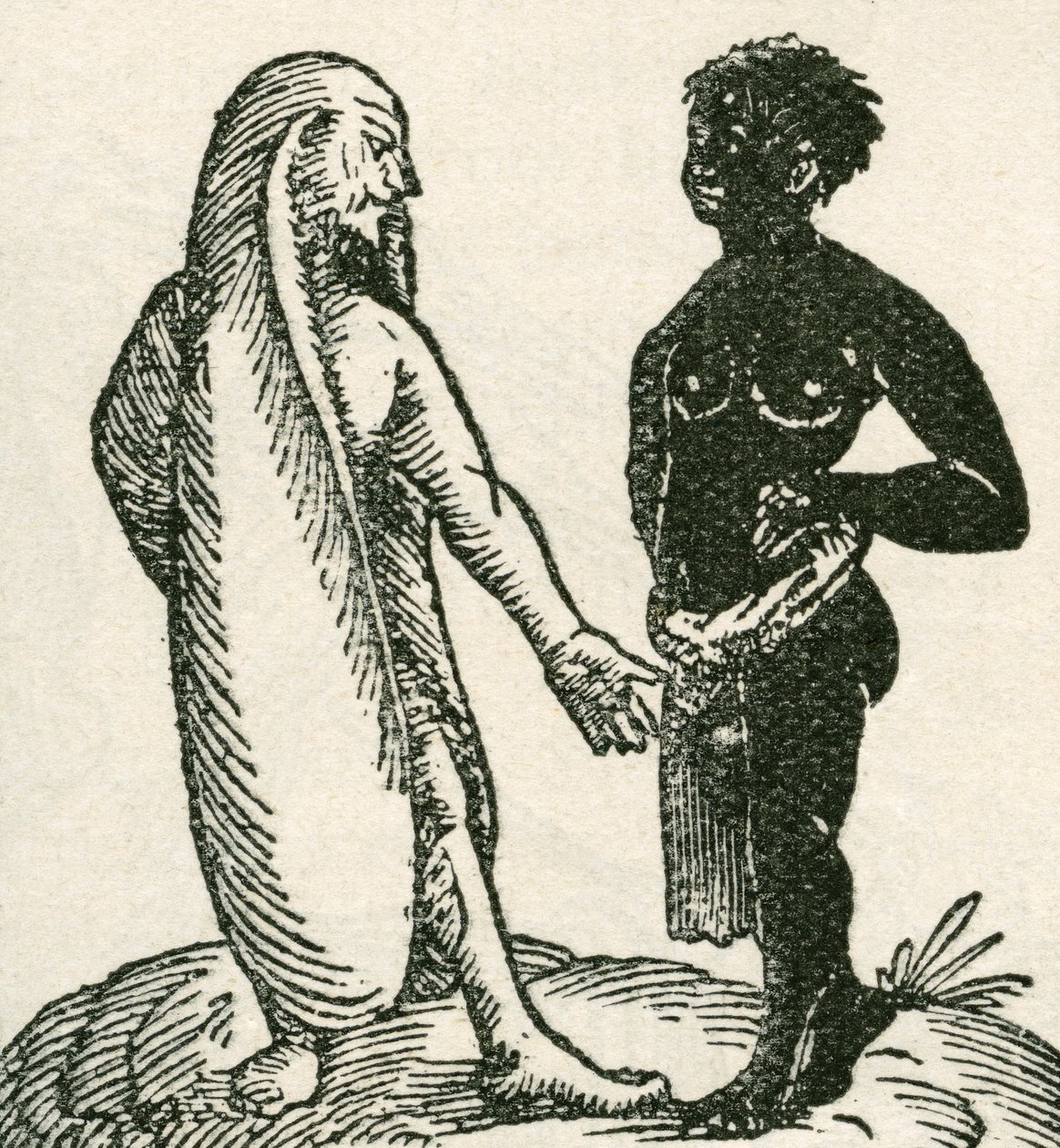 El hombre de las orejas largas regaña a su sirviente. Se dice que los hombres de orejas largas vivían en África. Se decía que dormían tumbados sobre una oreja con la otra cubriéndolos como una manta. De The Strand Magazine publicado en 1897. de English School