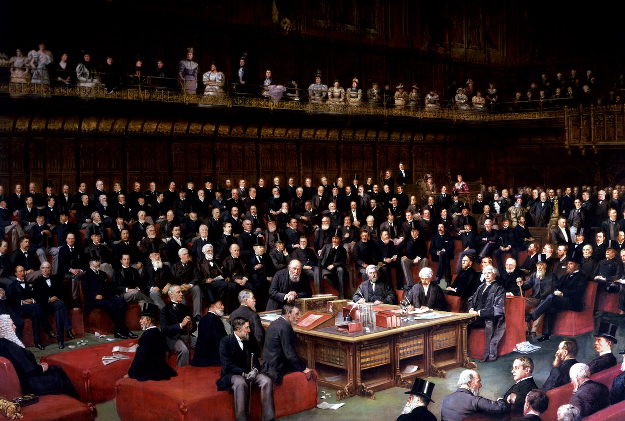El Lord Canciller a punto de hacer la pregunta en el debate sobre el Home Rule en la Cámara de los Lores, 1893 de English School