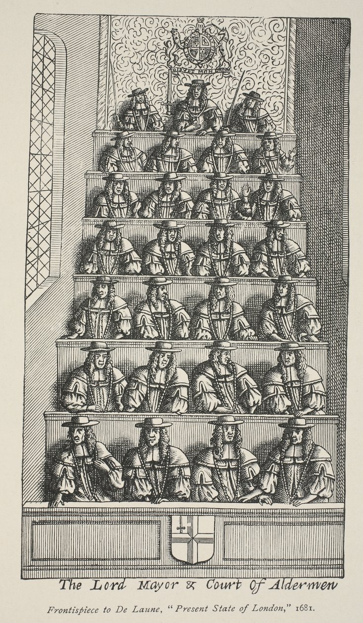 El alcalde y la corte de los concejales, frontispicio de De Launes Angliae Metropolis, 1681 de English School