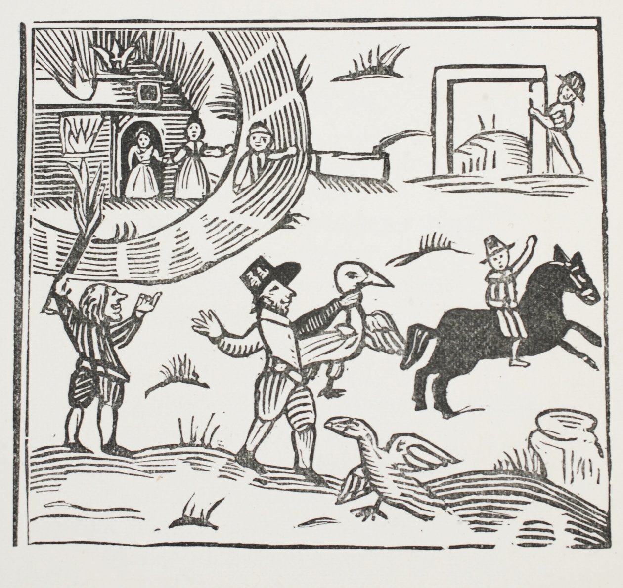 Las locuras de Tom Tram, ilustración de Chap-books del Siglo XVIII de John Ashton, pub. 1882 de English School