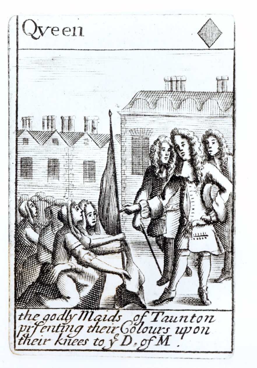 Las doncellas de Taunton arrodilladas ante el Duque de Monmouth, 18 de junio de 1685, carta de la reina de diamantes de un juego que conmemora la Rebelión de Monmouth de English School