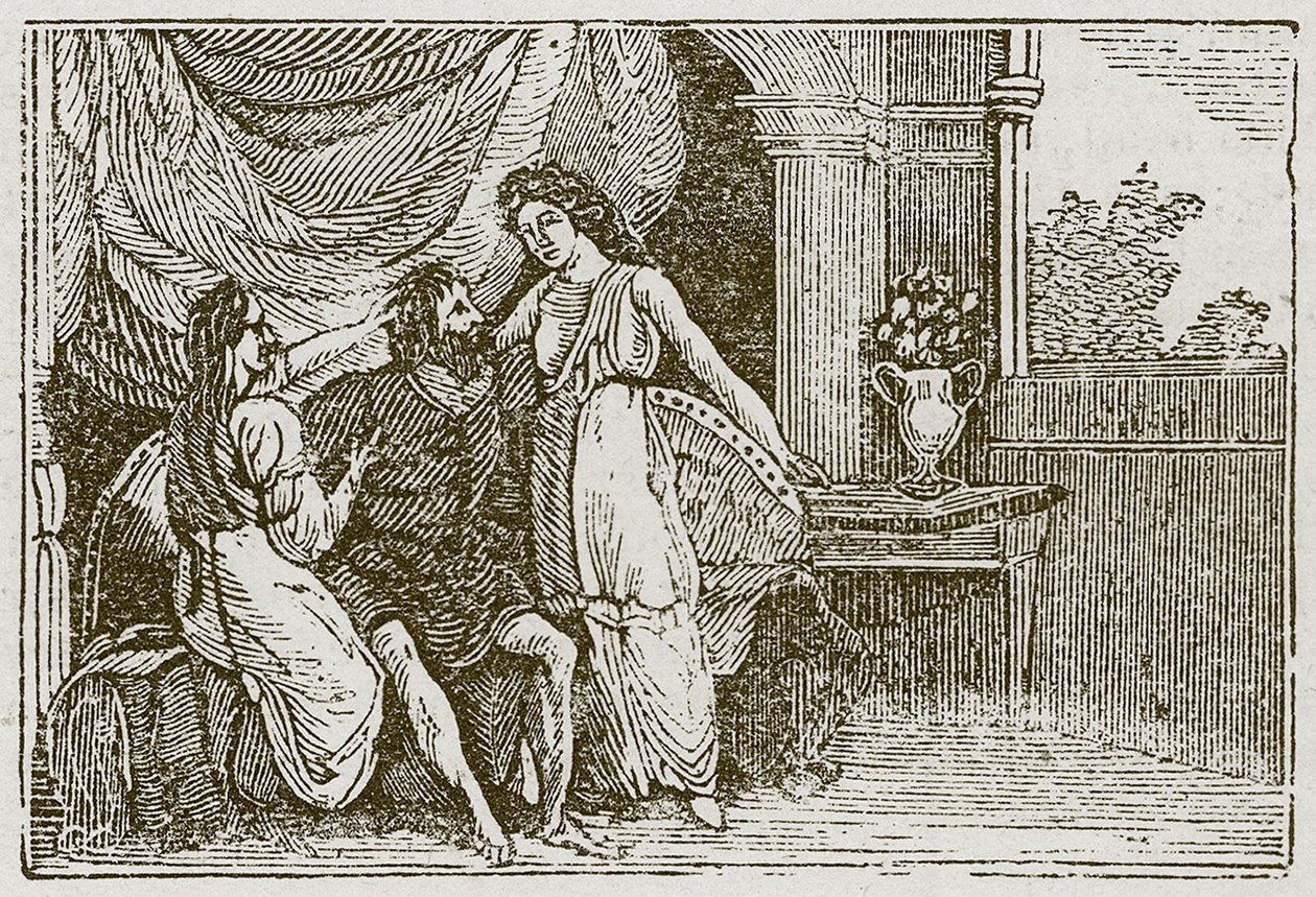 El hombre y sus dos esposas (grabado) de English School