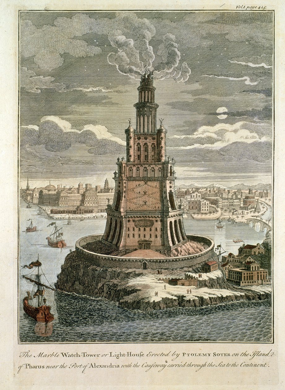 La torre vigía o faro de mármol erigido por Ptolomeo Soter en la isla de Pharos, cerca del puerto de Alejandría (impresión coloreada) de English School