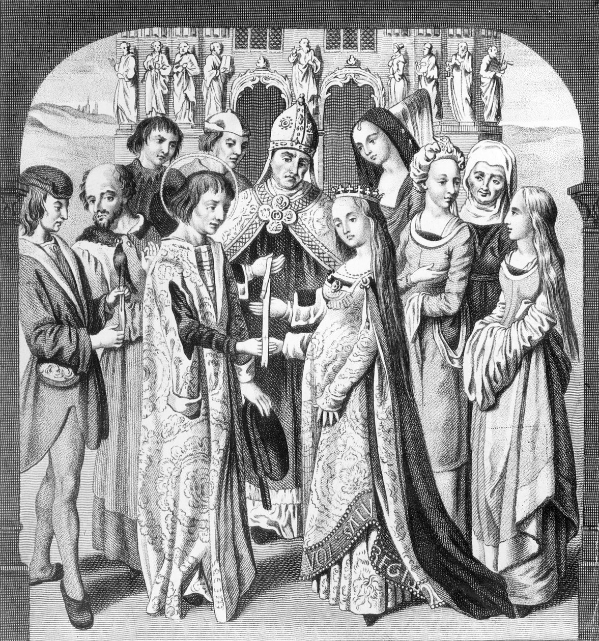 El Matrimonio de Enrique VI y Margarita de Anjou, grabado por Freeman de English School