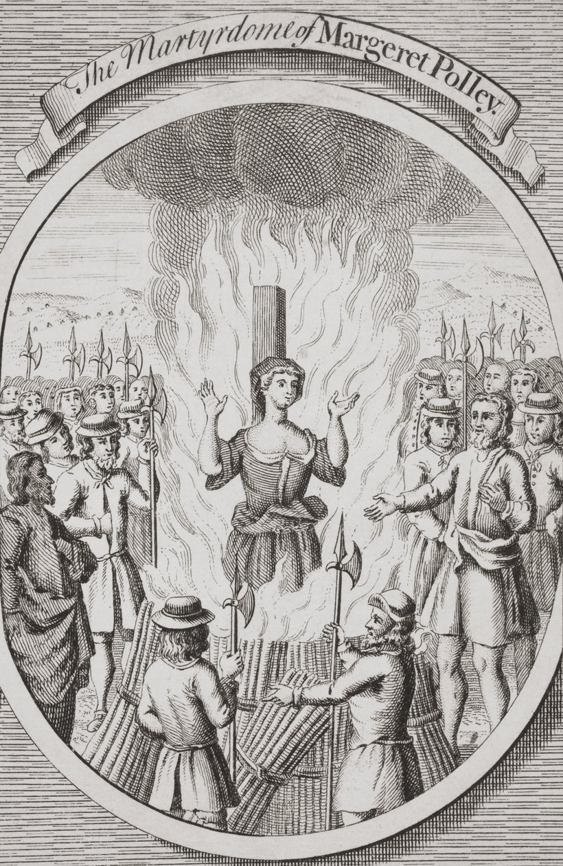 El martirio de Margeret Polley en Tunbridge, de "La quema de los mártires", publicado en 1741 (litografía). de English School