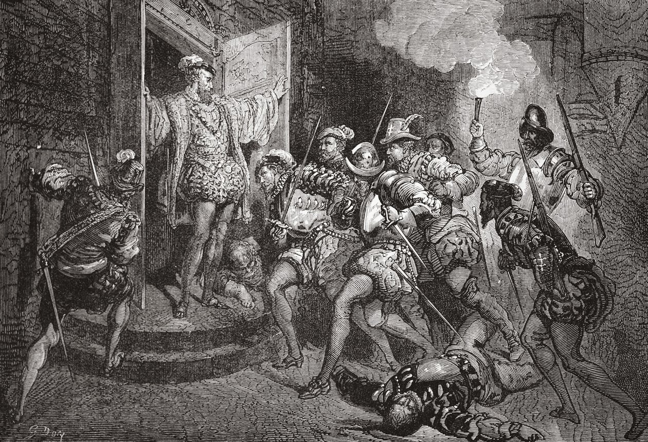 La masacre de San Bartolomé: ataque a los alojamientos de Coligny, ilustración de La Historia del Protestantismo de James Aitken Wylie, pub. 1878 de English School